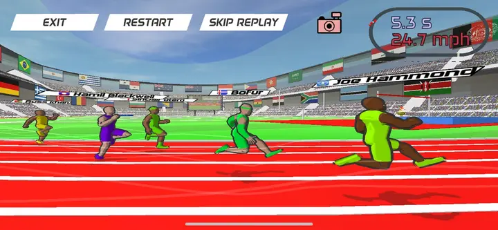 Speed Stars race replay on a red track, 5.3 seconds and 24.7 mph